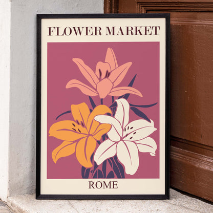 Colorful floral illustration poster of vibrant lilies with text Flower Market Rome by Moryarty on maroon background, framed and displayed in home decor