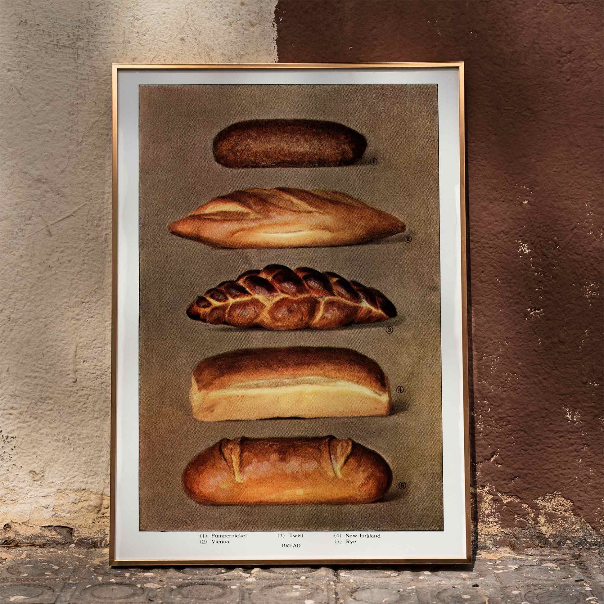 Vintage illustration and poster of assorted bread loaves from The Grocers Encyclopedia classic artwork, framed and displayed in home decor