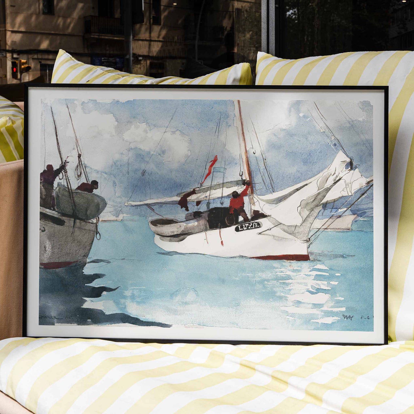 Vibrant fishing boats on turquoise blue water painted by Winslow Homer in Fishing Boats Key West perfect coastal decor poster, framed and displayed in home decor