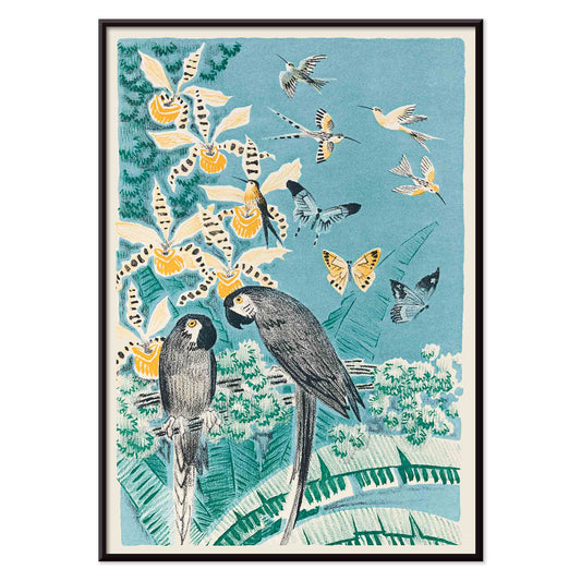 Colorful parrots butterflies and birds in a lush tropical garden illustration from Douze contes de Paris et de Provence by Paul Arène, with black aluminium frame on white background