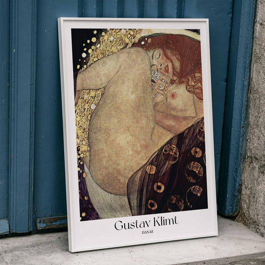 Danae by Gustav Klimt sensual reclining woman artwork in golden tones with rich decorative brown elements poster, framed and displayed in home decor