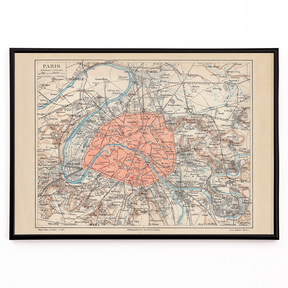 Closeup detail of Ancient map of Paris city and surroundings by Bibliographic institute of Liepzig with detailed streets and highlighted city center poster artwork