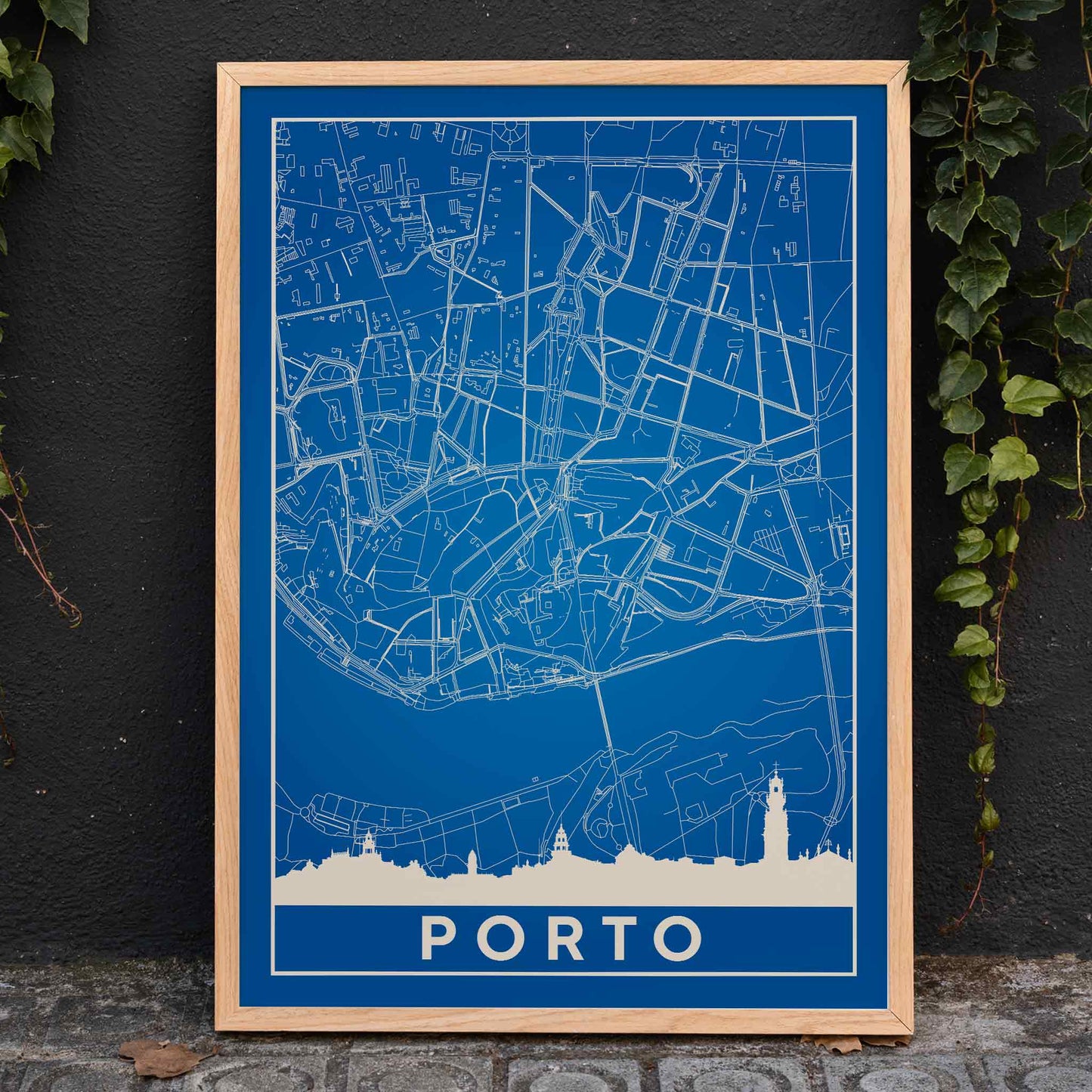 Minimalist blue map of Porto framed poster with white lines modern wall art, framed and displayed in home decor