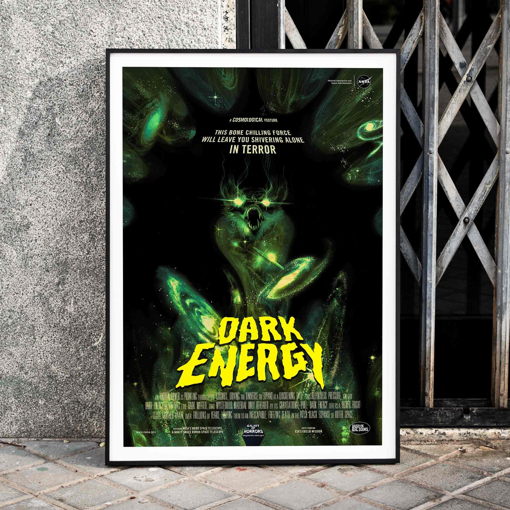 Dark Energy by NASA space-themed poster featuring a menacing alien monster dark eerie illustration and glowing green text, framed and displayed in home decor