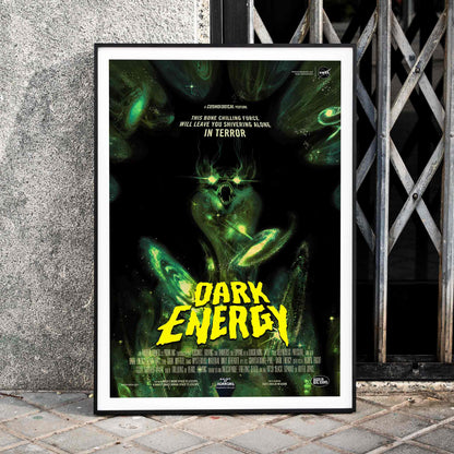 Dark Energy by NASA space-themed poster featuring a menacing alien monster dark eerie illustration and glowing green text, framed and displayed in home decor