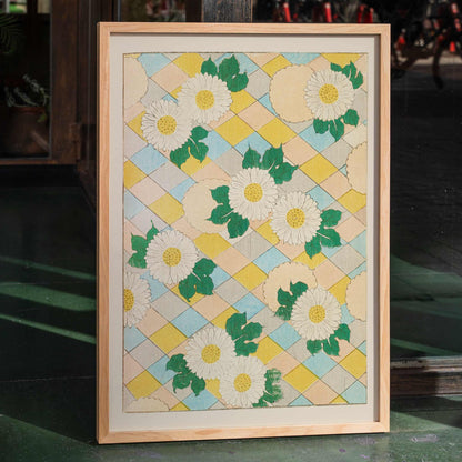 Chrysanthemum flowers and white flowers with green leaves on pastel geometric background artwork by Korin Furuya Bijutsukai Pl 218 poster, framed and displayed in home decor
