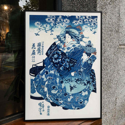 Japanese women in traditional kimono with floral patterns and blossom trees ukiyo-e style artwork by Utagawa Kuniyoshi, framed and displayed in home decor