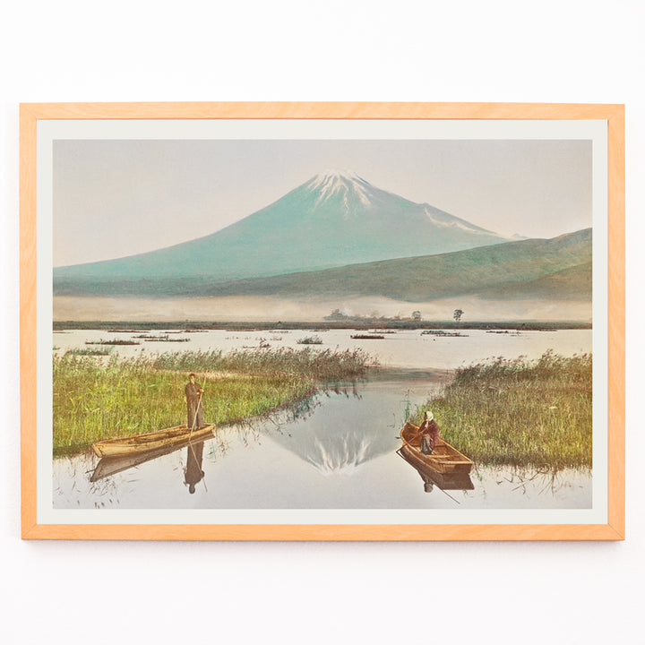 Closeup detail of Mount Fuji from Kashiwabara with boats on tranquil lake hand colored albumen print and poster by Kazumasa Ogawa