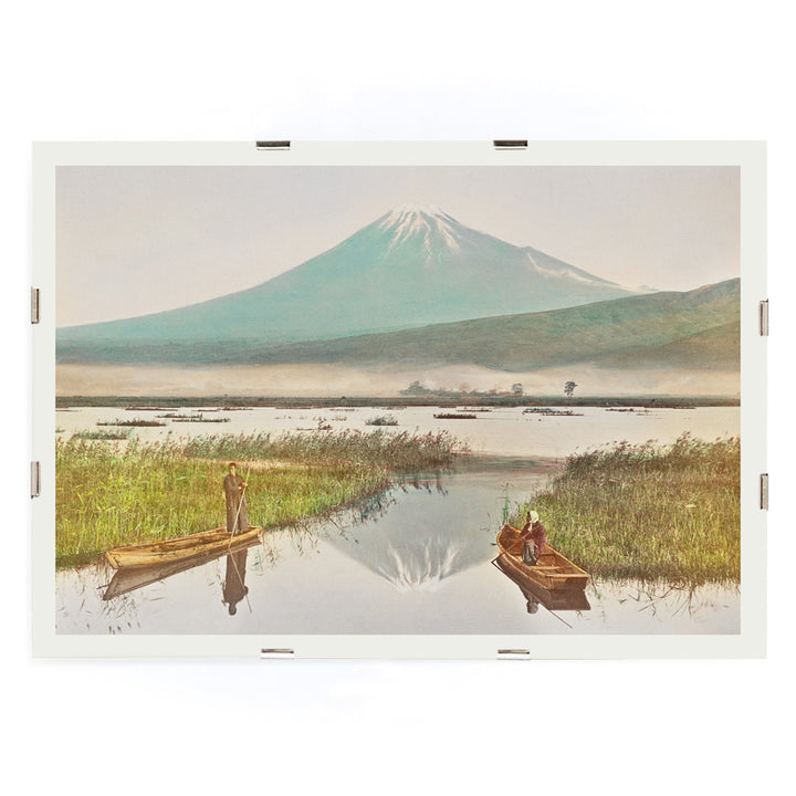 Mount Fuji from Kashiwabara with boats on tranquil lake hand colored albumen print and poster by Kazumasa Ogawa, framed and displayed in modern living room decor
