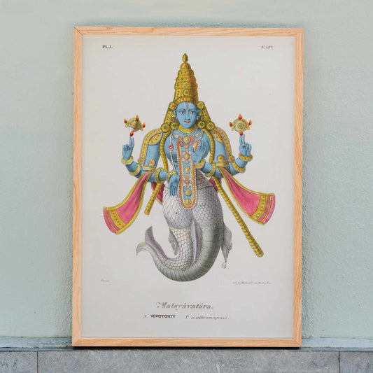 Matsyavatara by Jean-Jacques Chabrelie colorful poster of a deity with fish tail and ornate attire, framed and displayed in home decor