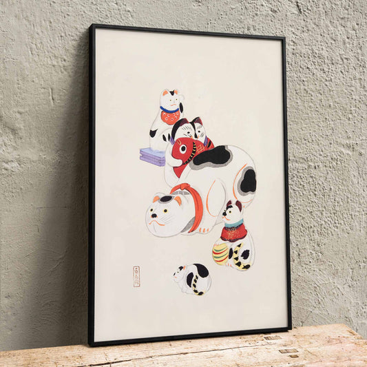 Colorful Japanese toys and traditional toy illustrations by Kawasaki Kyosen from Kyosens Collected Illustrations of Japanese Toys, framed and displayed in home decor