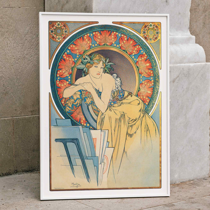 Art Nouveau woman with poppies by Alphonse Mucha vintage illustration poster, framed and displayed in home decor