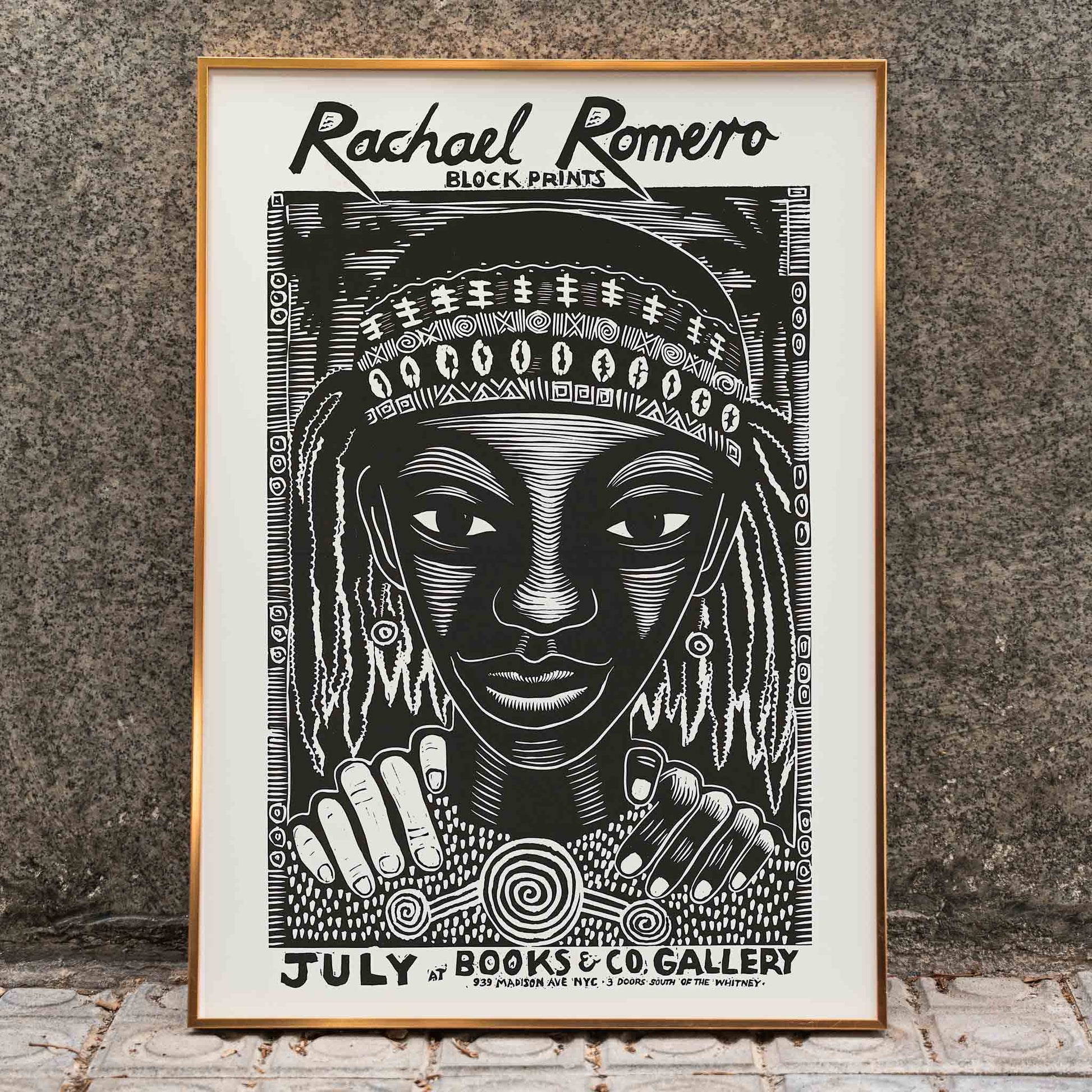 Black and white portrait block print poster with intricate patterns by Rachael Romero at Books and Co gallery, framed and displayed in home decor