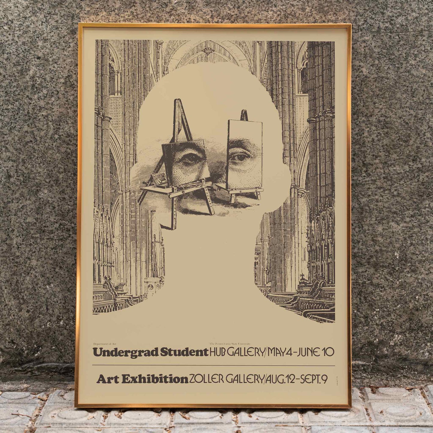 Undergrad student art exhibition poster by Lanny Sommese featuring surreal silhouette face and easels in a cathedral backdrop, framed and displayed in home decor