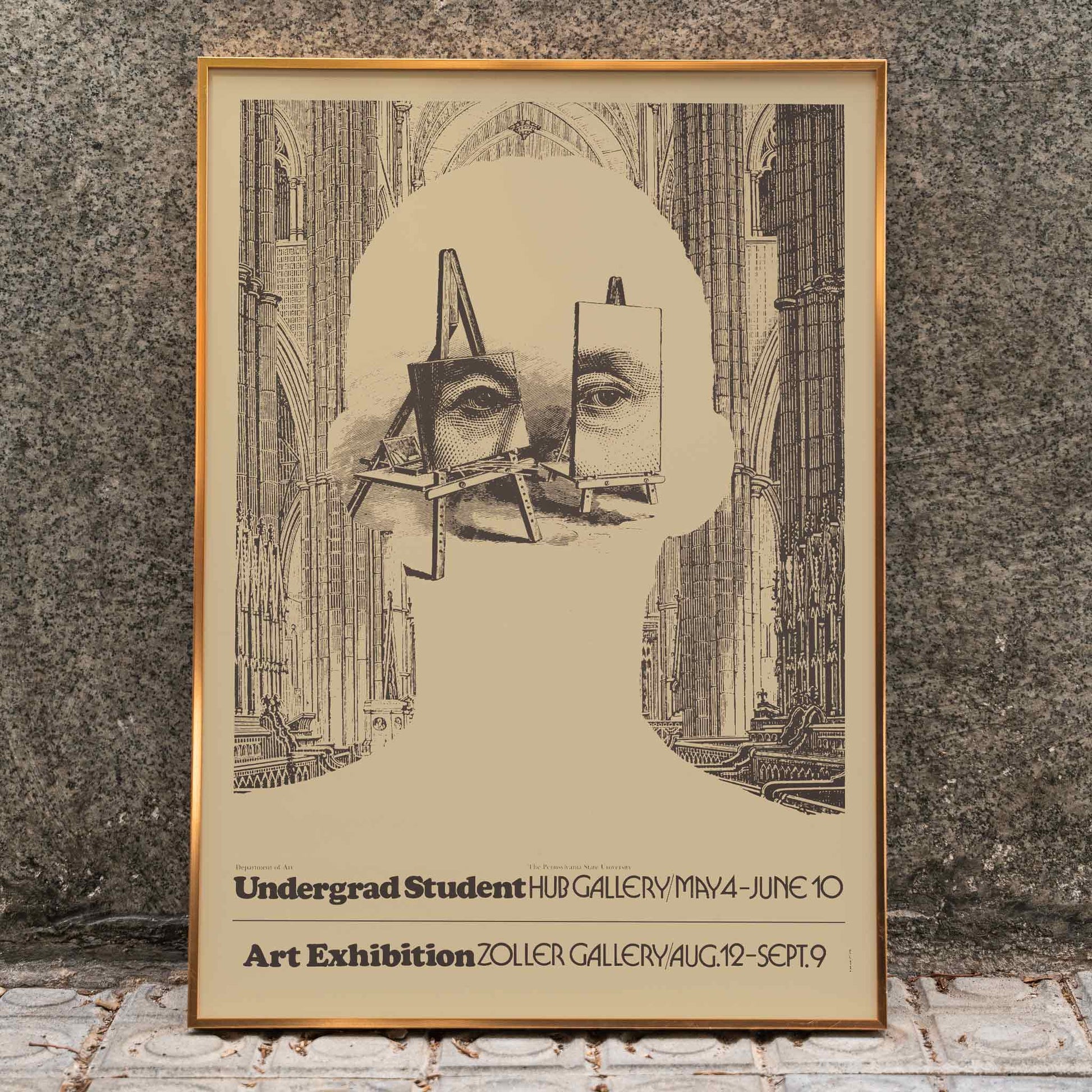 Undergrad student art exhibition poster by Lanny Sommese featuring surreal silhouette face and easels in a cathedral backdrop, framed and displayed in home decor