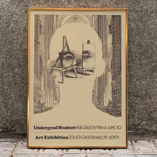 Undergrad student art exhibition poster by Lanny Sommese featuring surreal silhouette face and easels in a cathedral backdrop, framed and displayed in home decor