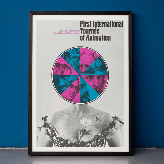 Poster for First International Tournee of Animation by Paul Showalter with abstract faces colorful geometric graphic and grayscale torso, framed and displayed in home decor