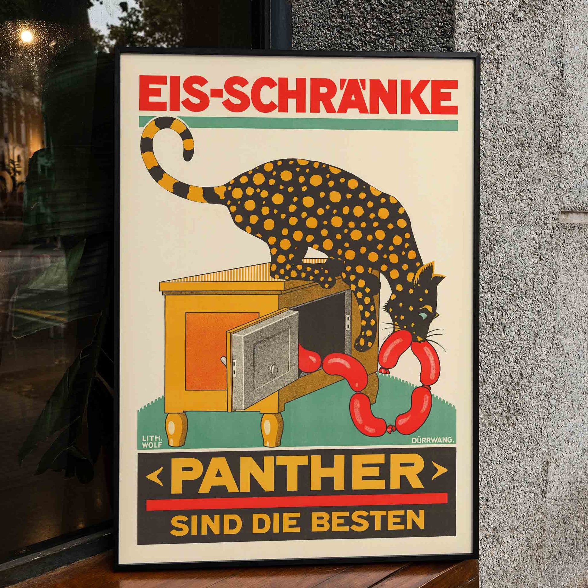 Panther Sind die Besten Swiss poster with panther eating sausages from icebox lithograph by Lith Wolf, framed and displayed in home decor