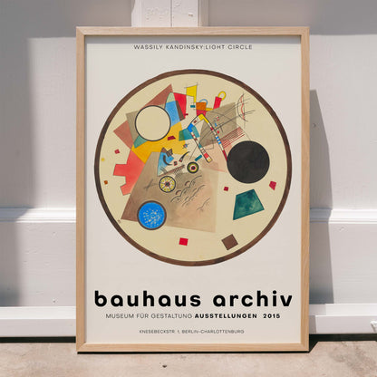 Abstract geometric artwork Light Circle by Wassily Kandinsky from Bauhaus exhibition poster displayed at Bauhaus Archiv Museum, framed and displayed in home decor