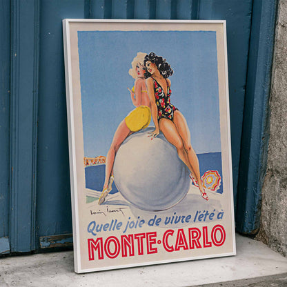 Monte Carlo artwork by Louis Icart showing two women in swimsuits sitting on a large ball at the beach poster, framed and displayed in home decor