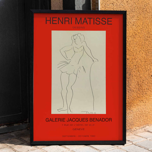 Henri Matisse minimalist line drawing of standing figure for Exposition Matisse poster at Galerie Jacques Benador Geneve exhibition, framed and displayed in home decor