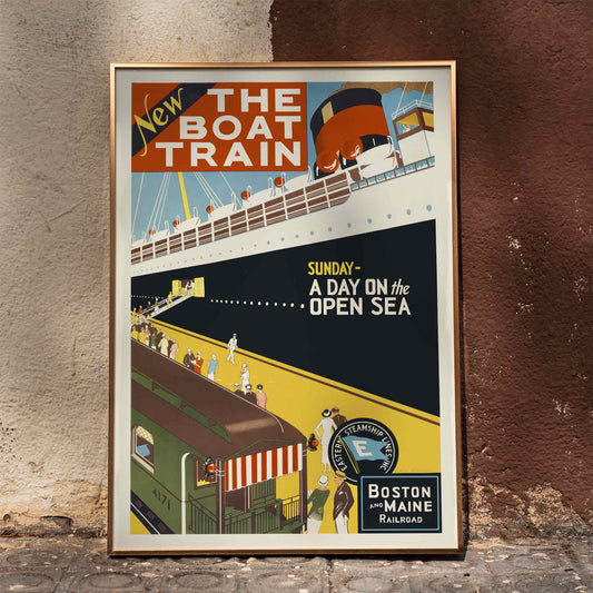 Vintage travel poster by Charles W Holmes showing people boarding a ship from a train platform for a day at sea titled New The boat train, framed and displayed in home decor