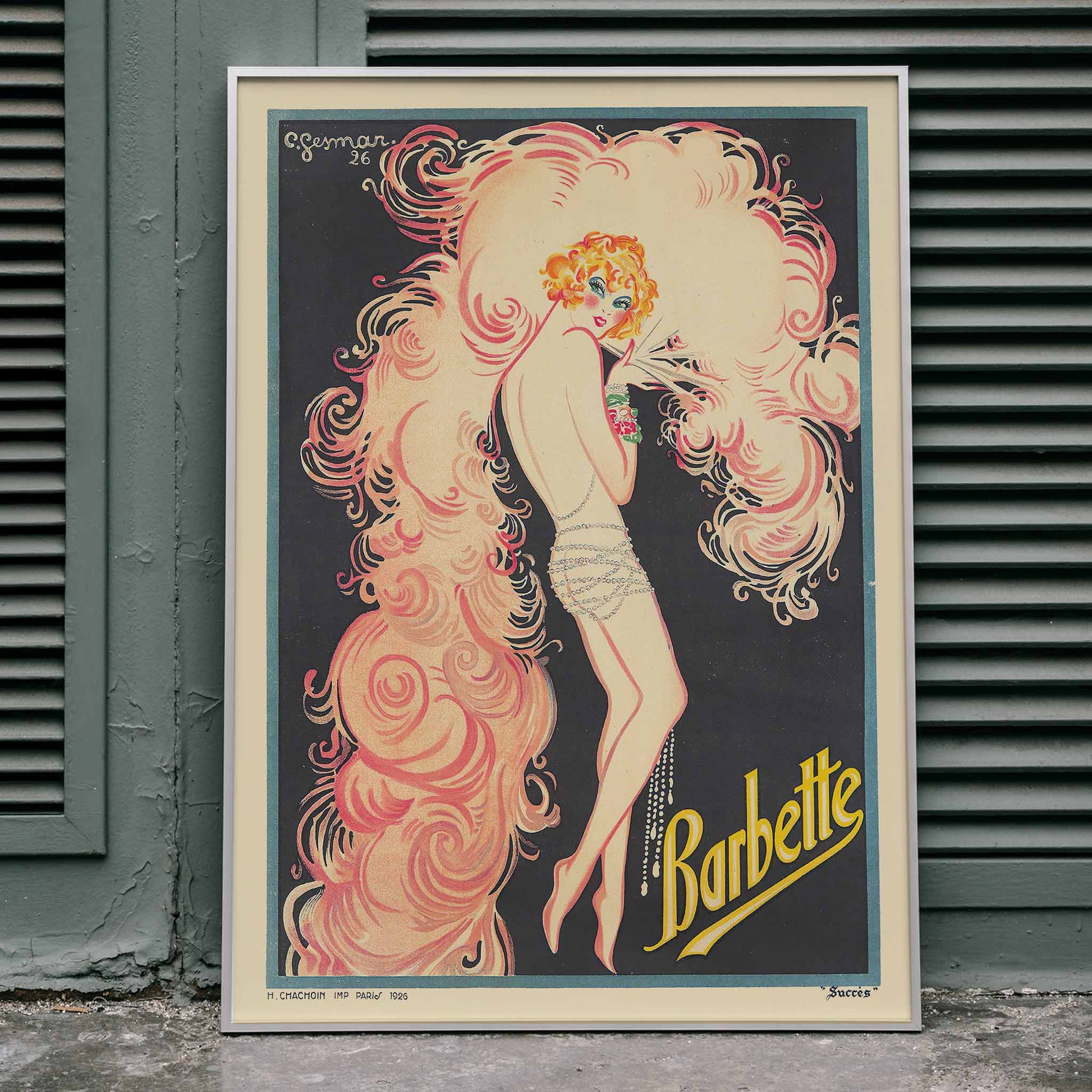 Colorful Art Deco performer illustration with pink swirls and flowing feathers by Charles Gesmar Barbette vintage wall decor poster, framed and displayed in home decor