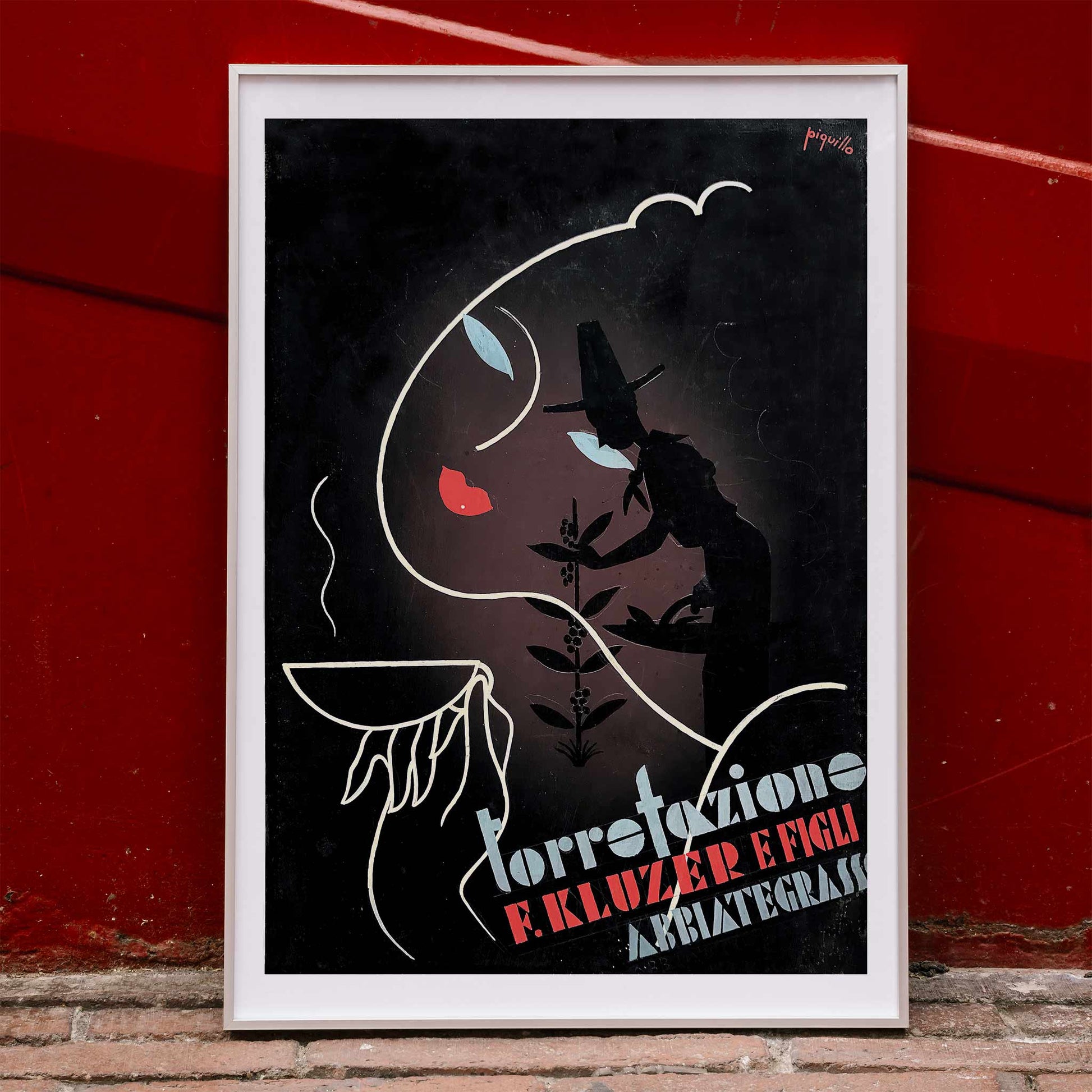 Abstract coffee-themed artwork and poster by Carlo Piquillo Pandolfi featuring stylized figures bold text coffee cup and face Torrefazione F Kluzer E Figli Abbiategrasso, framed and displayed in home decor