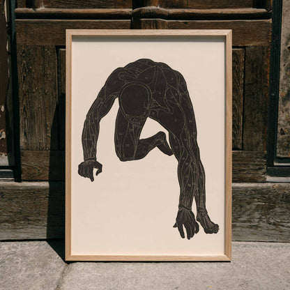 Anatomical illustration of human muscular anatomy and crouching figure from Neck Muscles by Reijer Stolk, framed and displayed in home decor