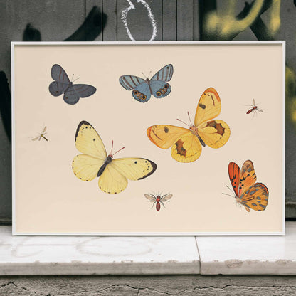 Illustration and poster of butterflies wasp and flies from Five Butterflies a Wasp and Two Flies by Pieter Withoos, framed and displayed in modern living room decor