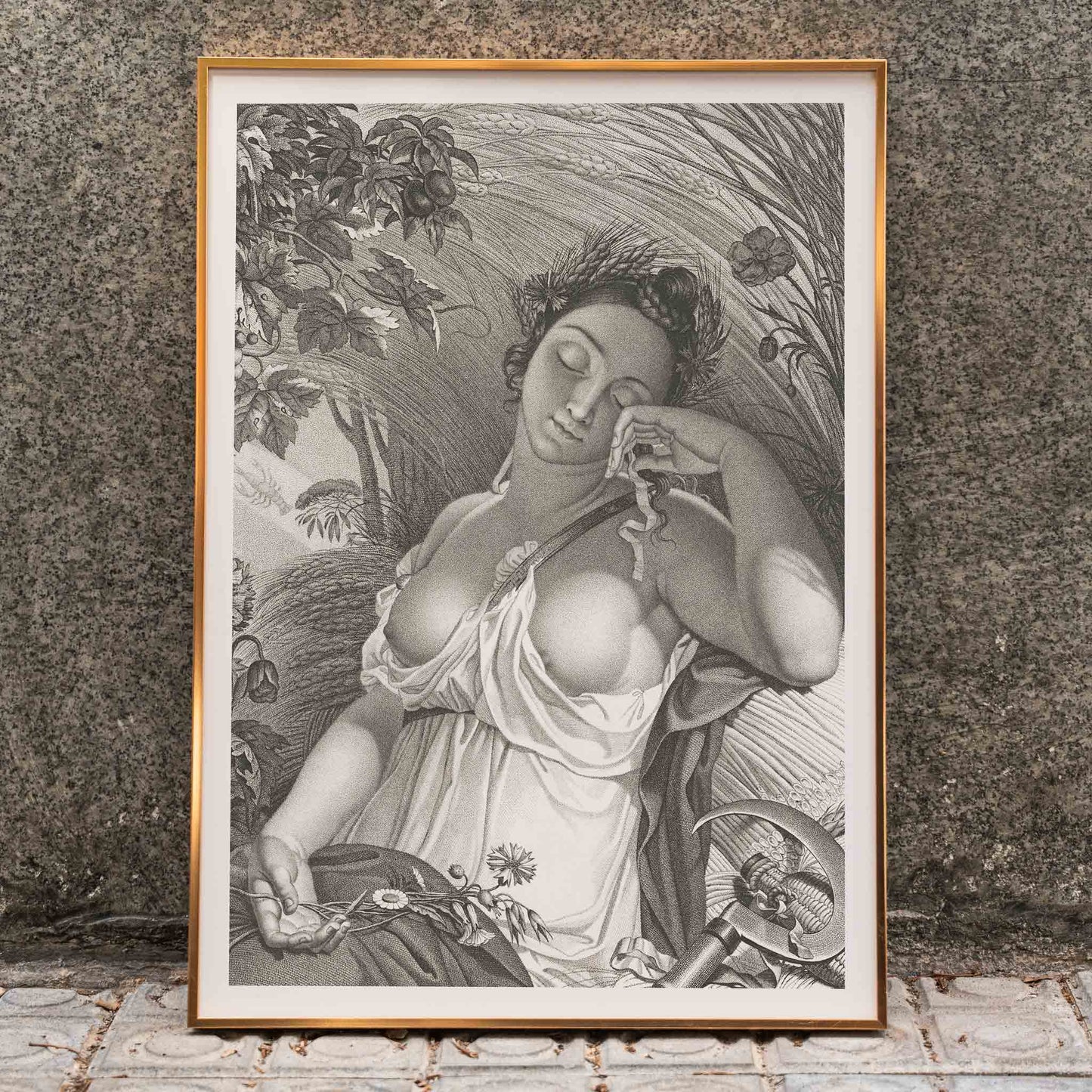 Sleeping Woman by Salvatore Tresca serene woman sleeping in a lush natural setting with flowers and wheat poster, framed and displayed in home decor