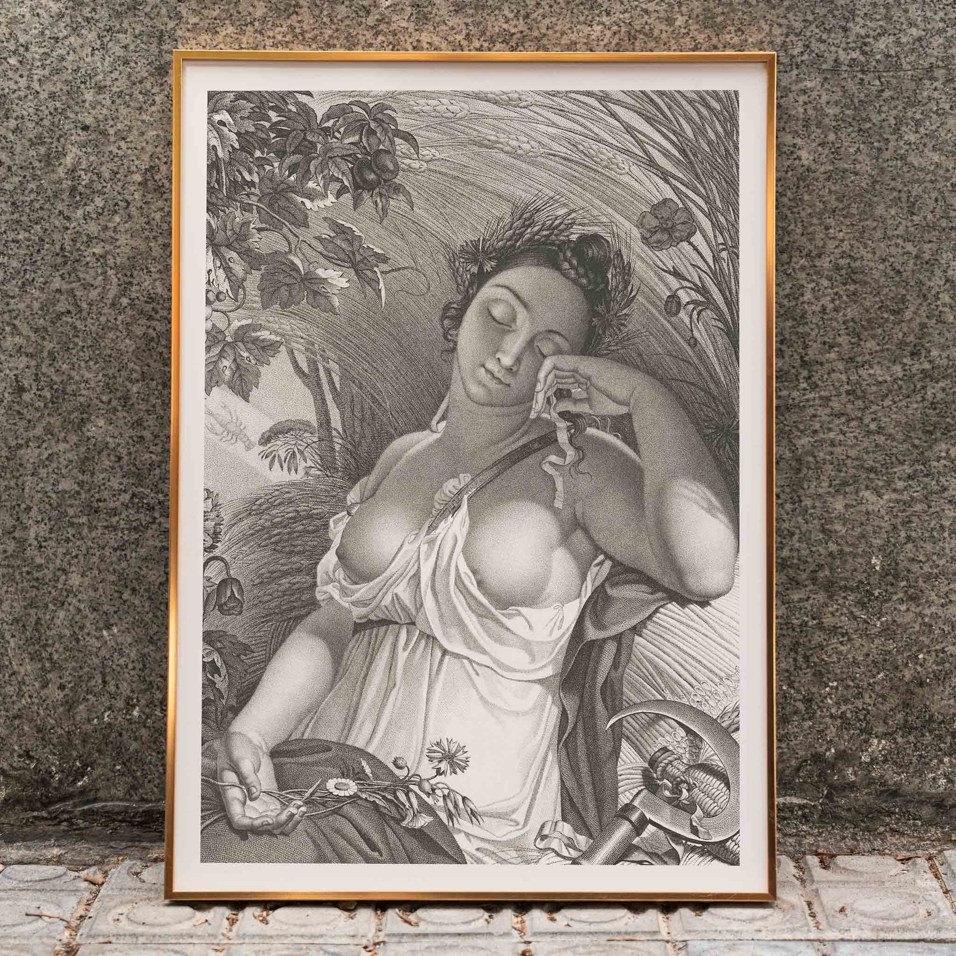 Sleeping Woman by Salvatore Tresca serene woman sleeping in a lush natural setting with flowers and wheat poster, framed and displayed in home decor