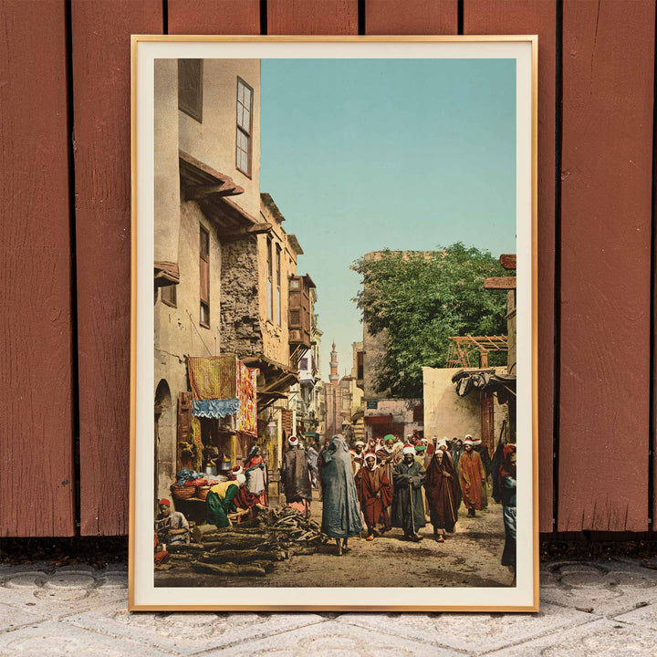 Street scene in North Africa vibrant market view busy street with people artwork by unknown artist poster, framed and displayed in modern living room decor