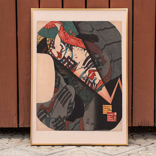 Person taking shelter under a patterned cloth during a thunderstorm in the evening by Utagawa Sadahide Japanese art poster, framed and displayed in home decor