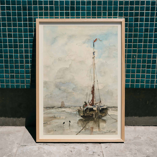 Sail boat on sandy beach under cloudy sky artwork by Jacob Maris poster inspired by Sail boat on the beach, framed and displayed in home decor