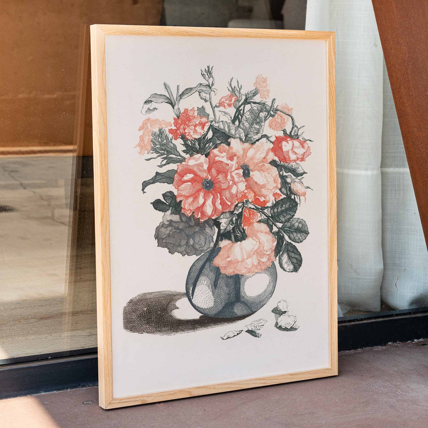 Glass vase with pink flowers and scattered petals still life poster inspired by Jean Baptiste Monnoyer, framed and displayed in home decor