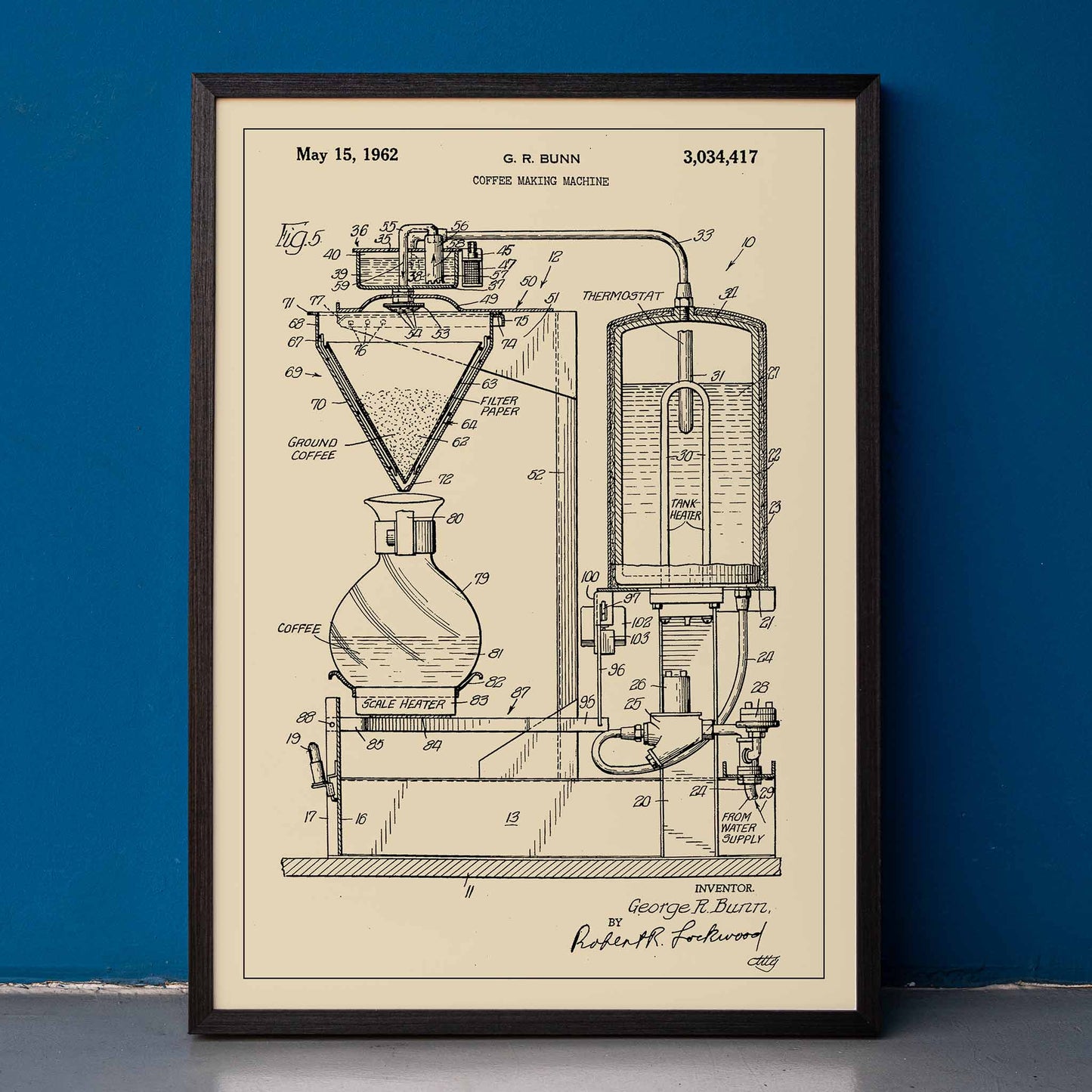 Technical diagram and poster of Coffee Making Machine by G R Bunn detailed drawing, framed and displayed in home decor