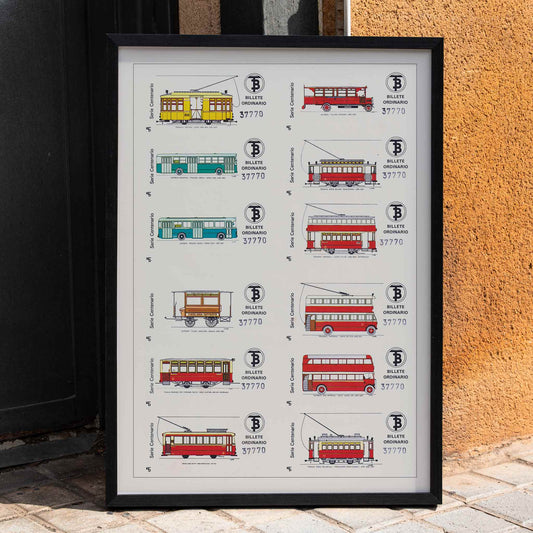 Vintage Barcelona bus and tram ticket illustrations poster Billetes Bus Barcelona artwork, framed and displayed in home decor