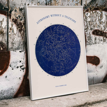 Star map and poster of constellations titled Astronomy without a Telescope by Elias Colbert featuring celestial star chart in blue, framed and displayed in home decor