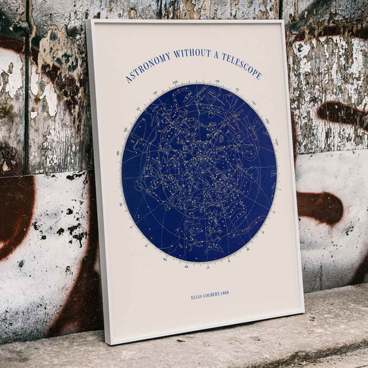 Star map and poster of constellations titled Astronomy without a Telescope by Elias Colbert featuring celestial star chart in blue, framed and displayed in home decor
