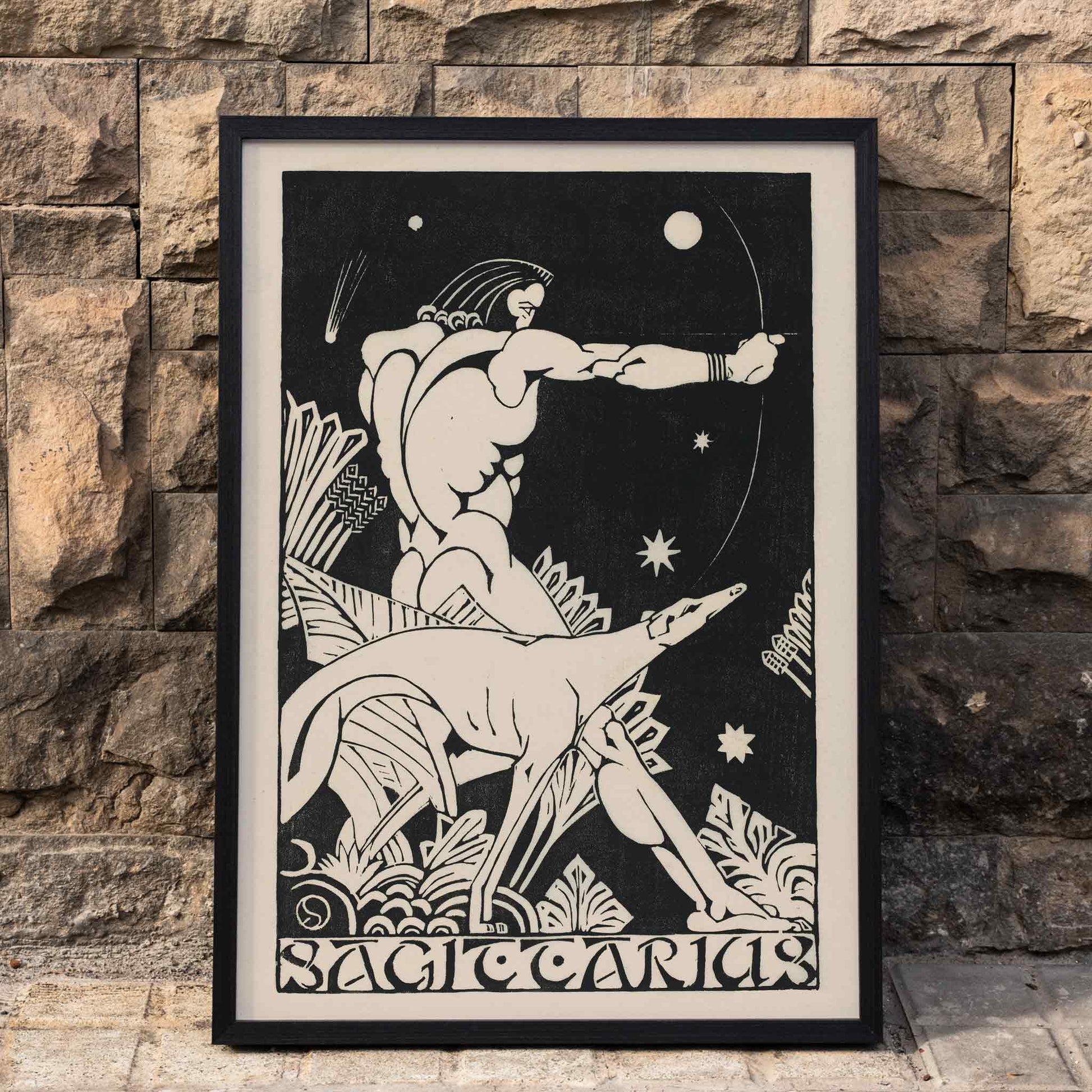 Sagittarius archer centaur and dog zodiac artwork surrounded by stars by Henri van der Stok poster, framed and displayed in home decor