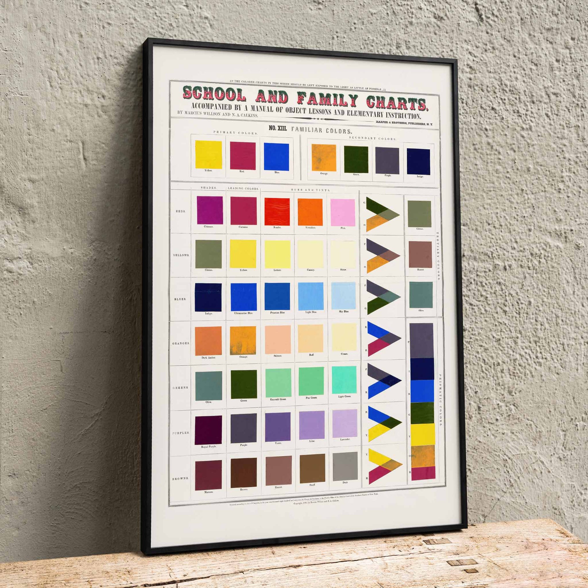 School and family charts by Marcius Willson featuring familiar colors artwork with a poster displaying color squares and triangles titled Familiar colors, framed and displayed in home decor