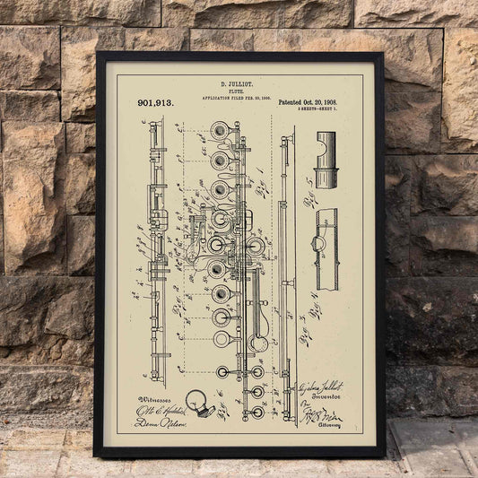 Flute Patent by D Julliot with detailed technical drawings and annotations on a vintage background poster, framed and displayed in home decor