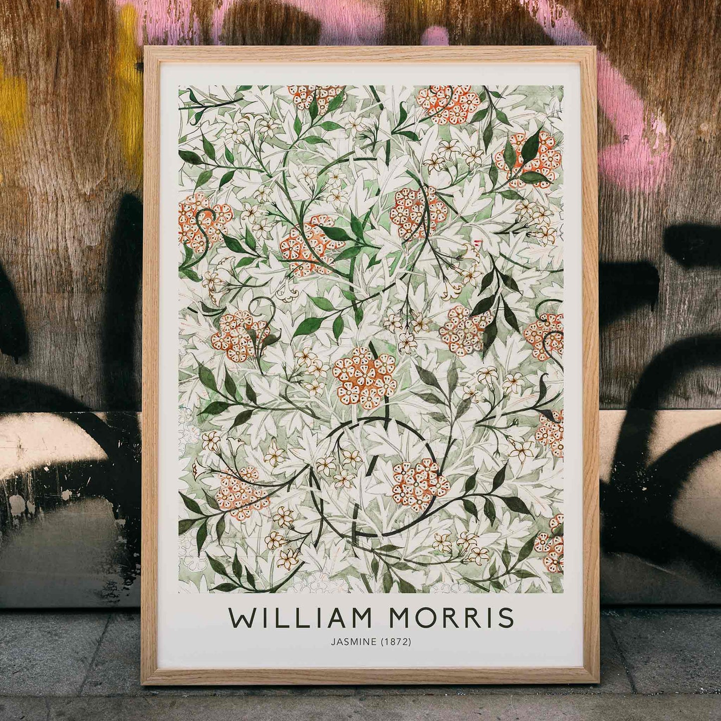 Floral botanical pattern of jasmine flowers and green orange leaves by William Morris artwork poster, framed and displayed in home decor