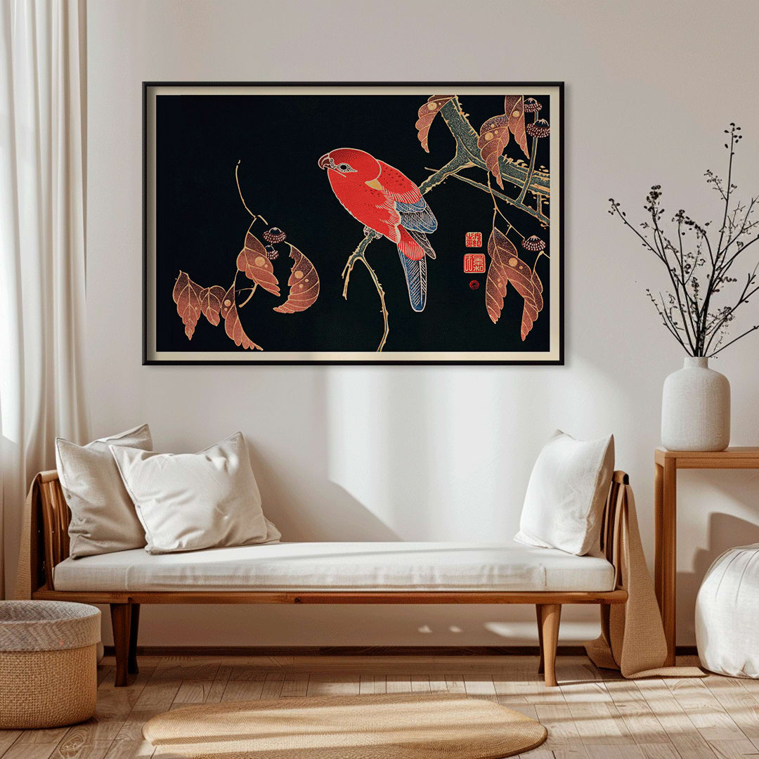 Vibrant red parrot perched on a tree branch artwork by Ito Jakuchu showcasing intricate details and colors poster, framed and displayed in modern living room decor