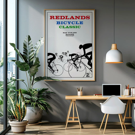 Cyclists racing illustration and poster by Karlis Smiltens titled Redlands Bicycle Classic featuring red blue and green text on white background, framed and displayed in home decor
