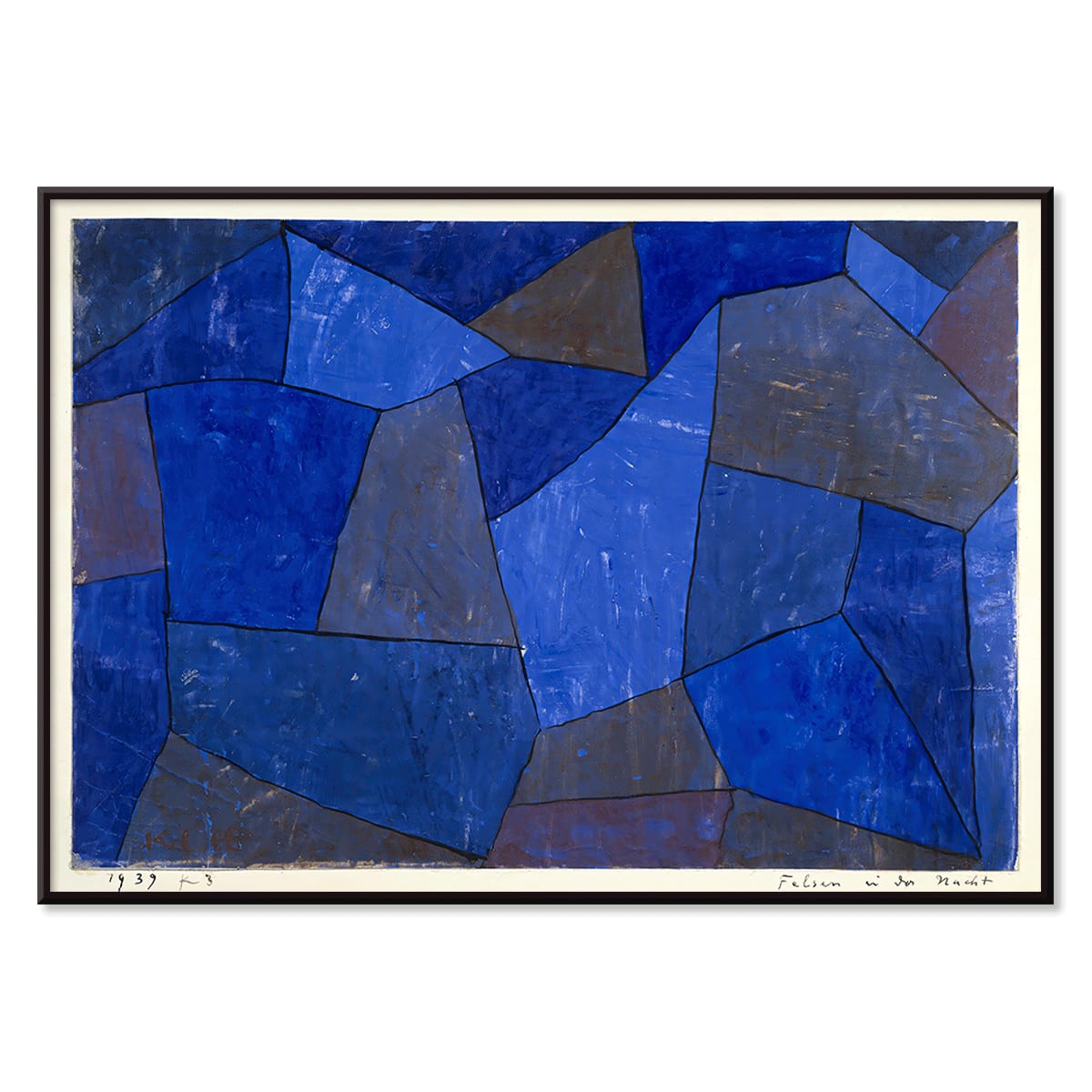 Blue geometric abstract artwork titled Rocks at Night by Paul Klee featuring varied shades and textures poster, with black aluminium frame on white background