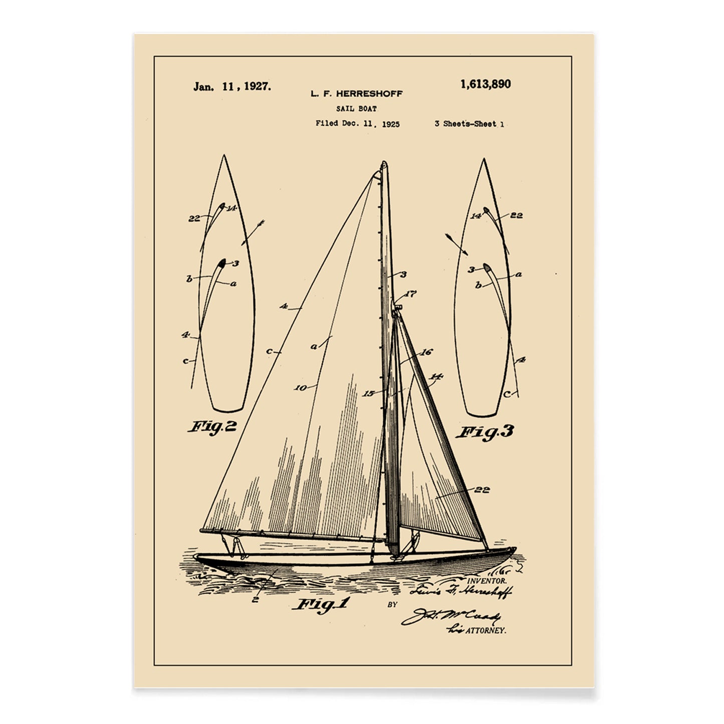 Vintage sailboat patent drawing and poster by L F Herreshoff featuring detailed technical sailboat artwork and schematics, with black aluminium frame on white background