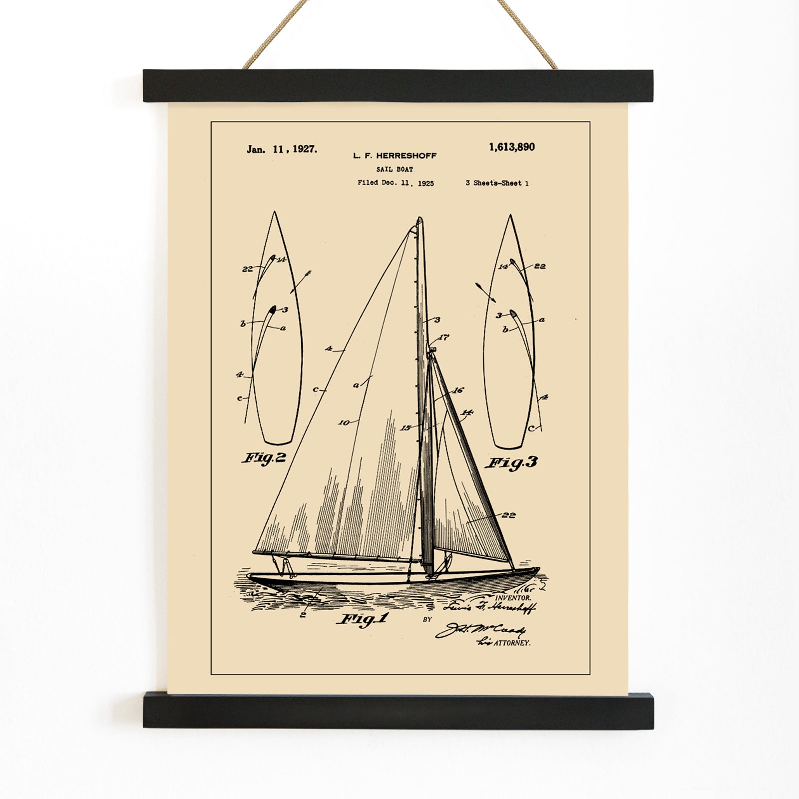 Vintage sailboat patent drawing and poster by L F Herreshoff featuring detailed technical sailboat artwork and schematics, with wooden magnetic frame on white background