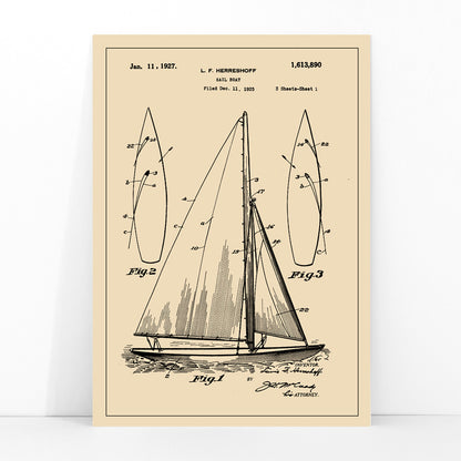 Vintage sailboat patent drawing and poster by L F Herreshoff featuring detailed technical sailboat artwork and schematics, framed and displayed in modern living room decor